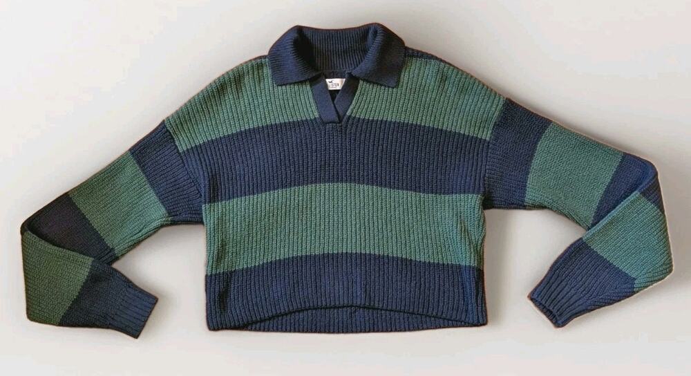 Y2K Hollister Womens XS Cropped Polo Sweater Navy Green Striped Chunky Knit